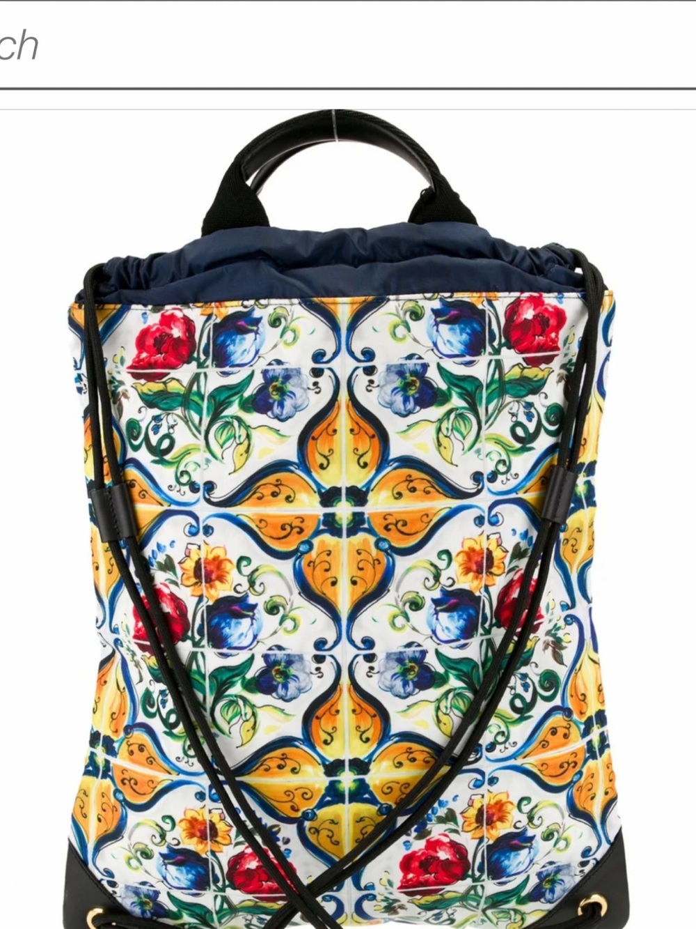 Dolce & Gabbana Multicolor Floral Tile-Print Bag pack, Tote with Navy Trim - Picture 4 of 7